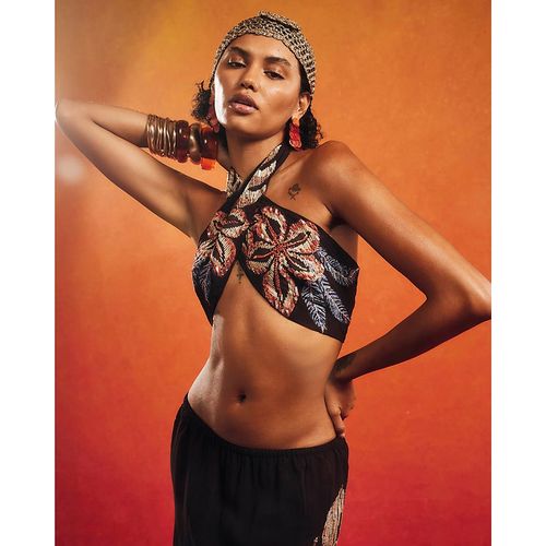 River Island Womens Crop Top Black Beaded Halter Terry De Havilland Viscose