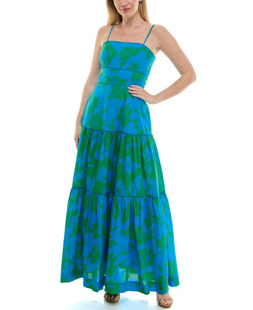 Women's Tiered Square Neck Floral Dress - Blue Jungle Green