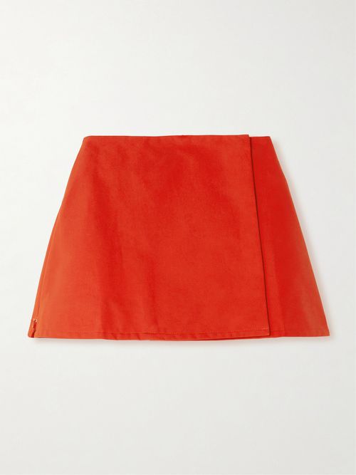 Pleated Coated-cotton Mini Wrap Skirt - Red