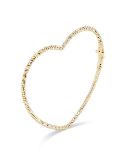 9K White & Yellow Gold Jonc Coeur Torsade Ridged Heart Bangle Bracelet