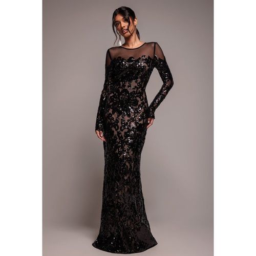 Goddiva Floral Sequin Mesh Maxi - Black