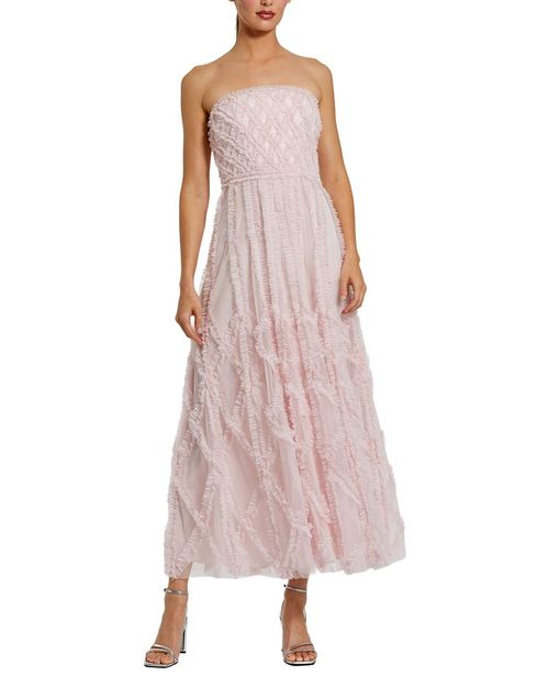 Mesh Micro Ruffle Strapless A Line Ankle Dress