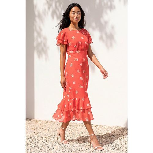 Roman Womens Petite Floral Chiffon Frill Tiered Midi Dress - Orange