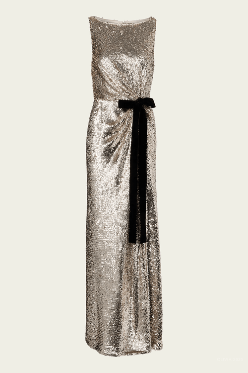 Felicity Draped Sequin Gown in Gold Multi