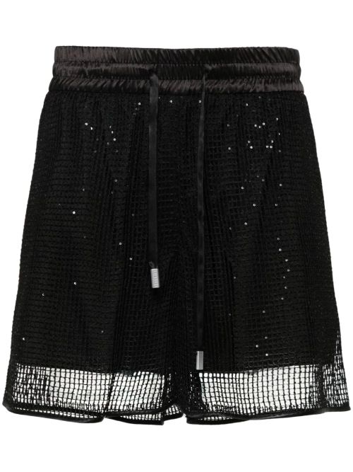 Sequin-Embellished Mesh Shorts — Black