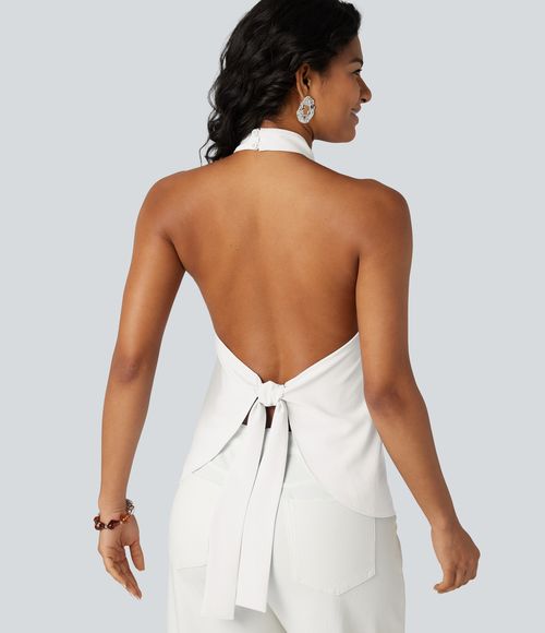 Backless Tie-back Casual Halter Top Tank Top - Frost White