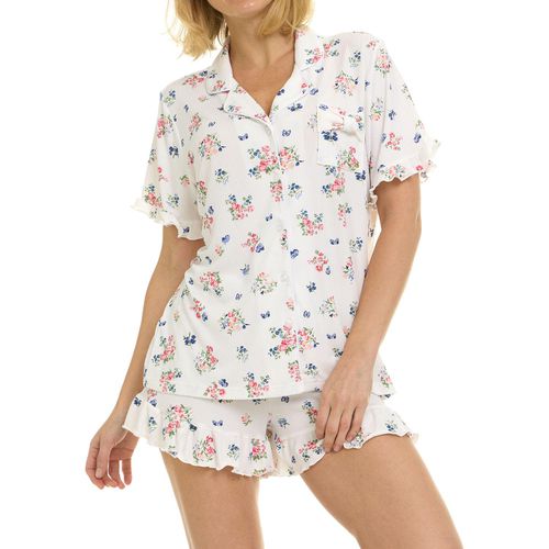 Womens Short Sleeve & Ruffle Short Pajama 2-PIECE:- White