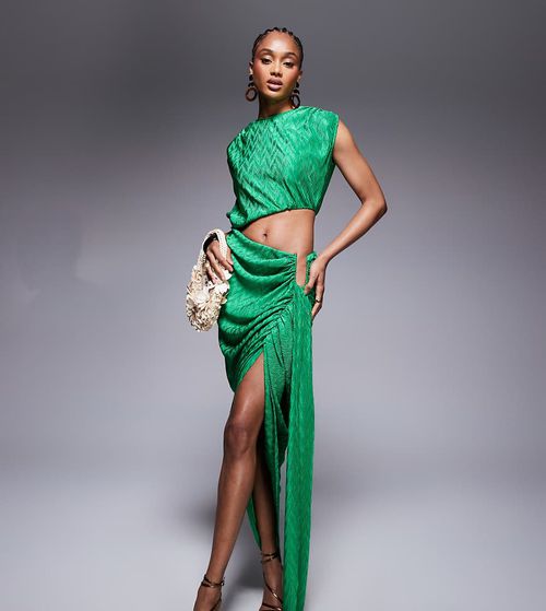 ASOS DESIGN Tall metallic plisse midi dress with angular waist trim in green