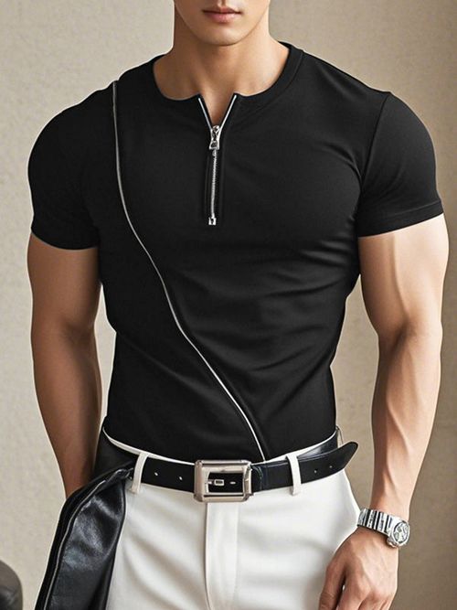 Mens Solid Color Half-Zip Short Sleeve T-Shirt SKUK96907 - Black / S