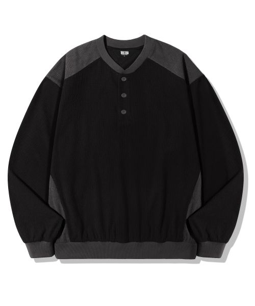 Waffle Color Block Henley Neck Sweatshirt_Black