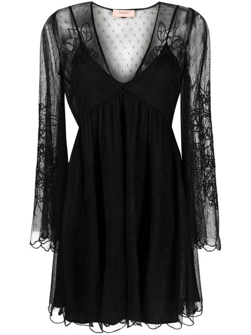 Layered lace flared dress - Black
