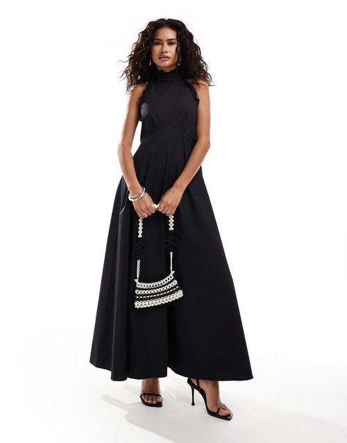 Halterneck cotton maxi dress in black - part of a set