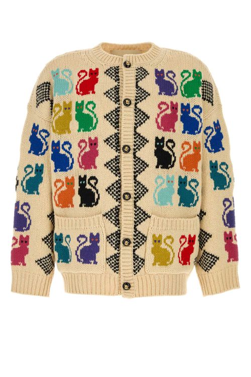 Intarsia-Knit Cat and Houndstooth Cardigan — Beige