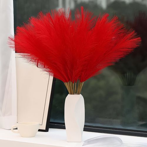 TEMU 20pcs Sharkbee Artificial Pampas Grass Flowers - Realistic Red Floral Stems, No Maintenance Fake Plants For Wedding, Home, Valentine