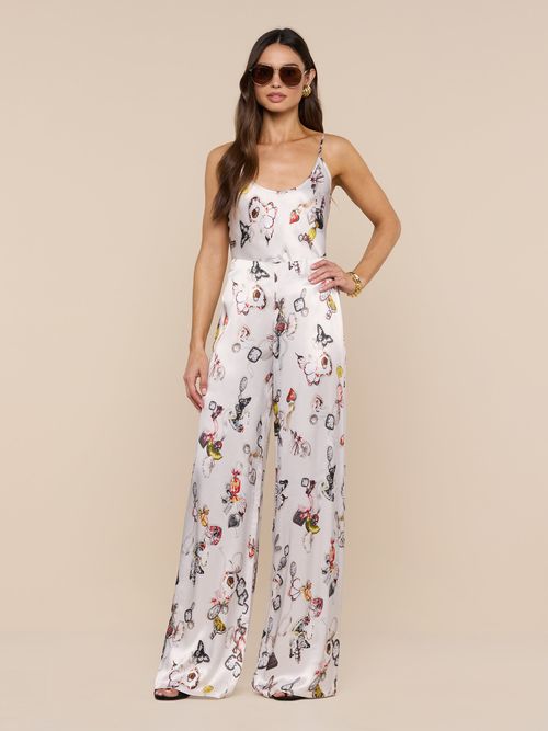 Kimia Satin Pants In Ecru Multi Lock Butterfly