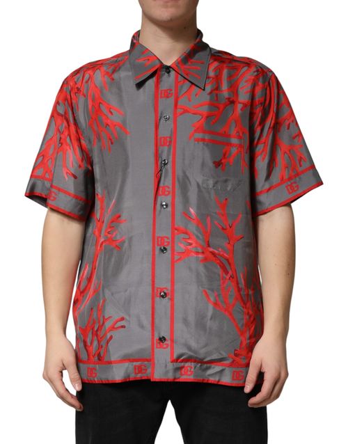 Coral-Print Silk Shirt — Gray