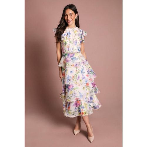 Coast Women's Lace Trim Tiered Organza Midi Dress in Ivory