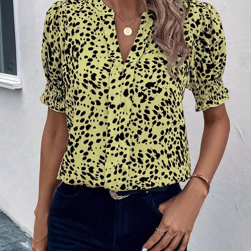TEMU Women's Leopard Print V-neck Blouse With Puff Sleeves & Smocked Waist - Casual Spring/summer Shirt For Casual Attire, Ladies Blouse