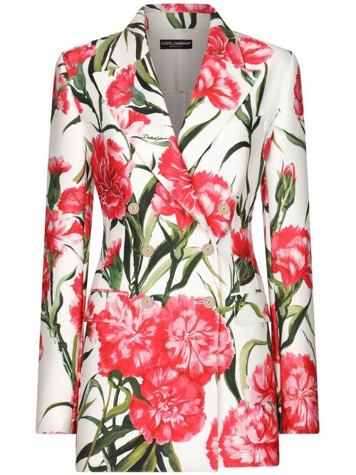 Floral-print double-breasted blazer - White