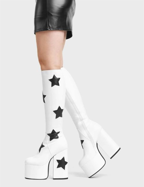 Lamoda Comet White PU with Black Star Knee High Platform Boots for Women