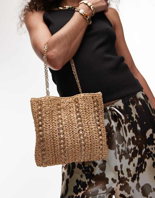 Mango raffia metal hoop detailed shoulder bag in light beige-Neutral