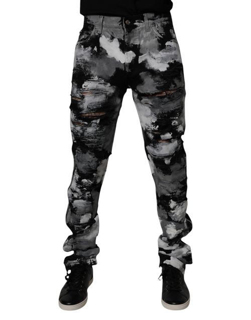 Camouflage Tattered Skinny Denim Jeans — Black