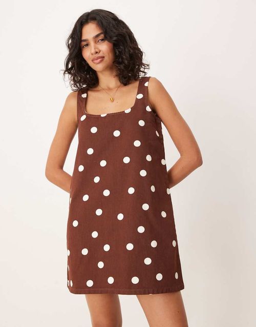 Square neck denim mini dress in brown polka dot