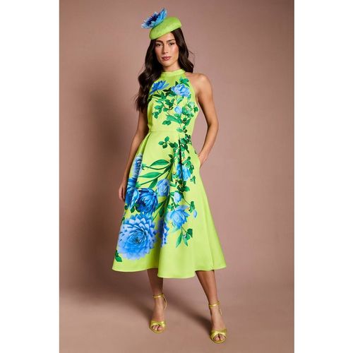 Coast Lisa Tan Halterneck Printed Floral Midi Dress In Lime