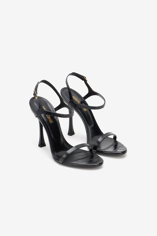 Black Croc-effect Leather High-heel Sandals