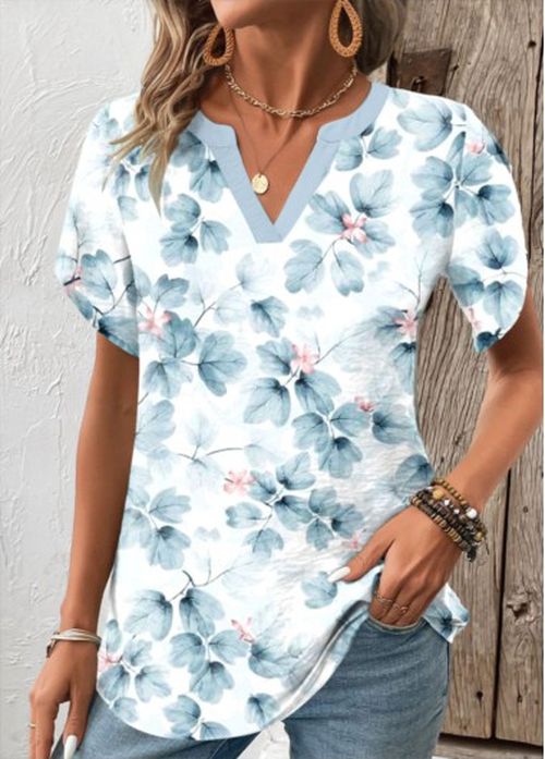 Modlily Light Blue Patchwork Random Floral Print Short Sleeve Blouse
