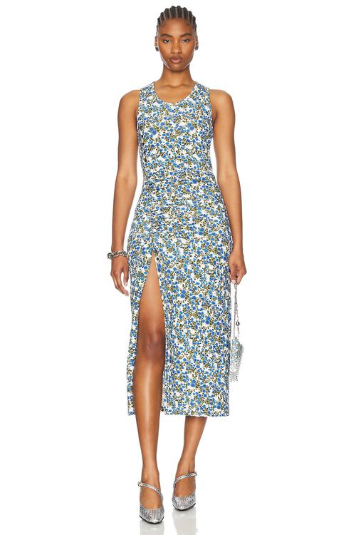 RABANNE Sleeveless Midi Dress in Golden Thistle & Green - Blue.  40 also in 34