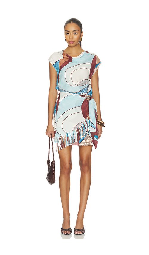 ROAME. Remy Fringed Mini Dress in Baby Blue,Brown. S. Also in
