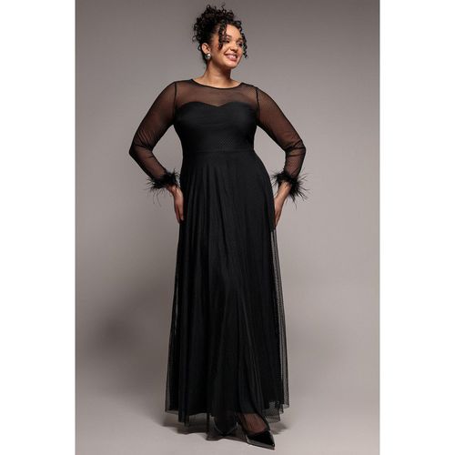 Goddiva Plus Dobby Mesh Feather Sleeve Hem Maxi Dress - Black