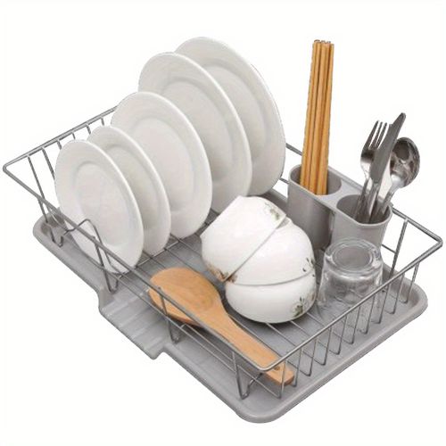 TEMU Stainless Steel & Plastic Kitchen Dish Drainer With Drainage System - Space-saving Dish Rack Organizer, Multi-compartment Drying Plate For