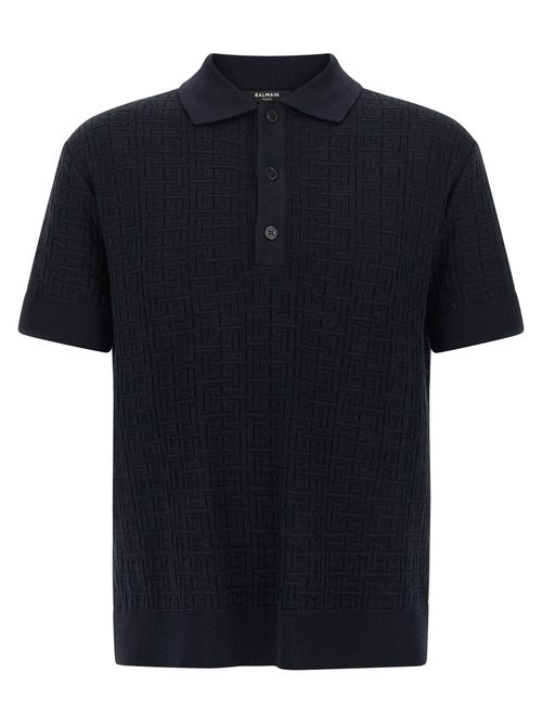 Monogram Wool-Blend Knit Polo Shirt — Black