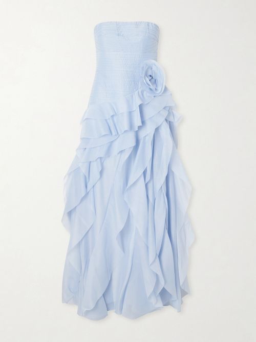 Canyon Strapless Appliquéd Ruffled Pleated Chiffon Gown