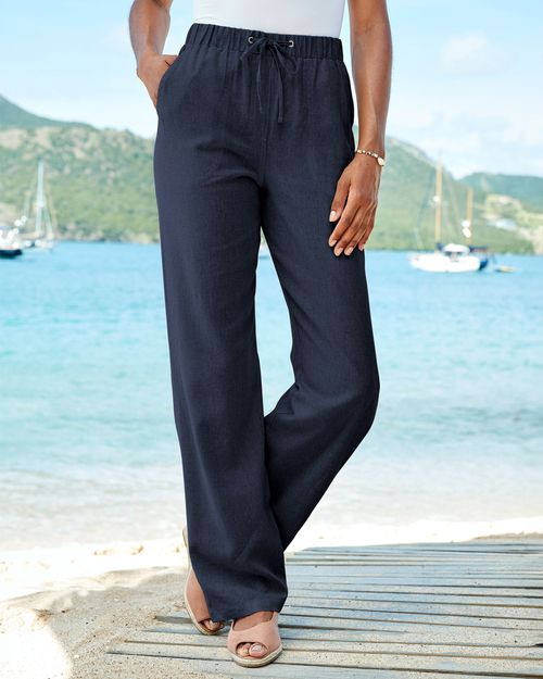 Women's Linen-Blend Relaxed Fit Trousers in Navy, Viscose