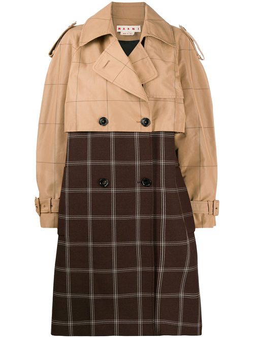 Two-tone checkered trench coat - Brown
