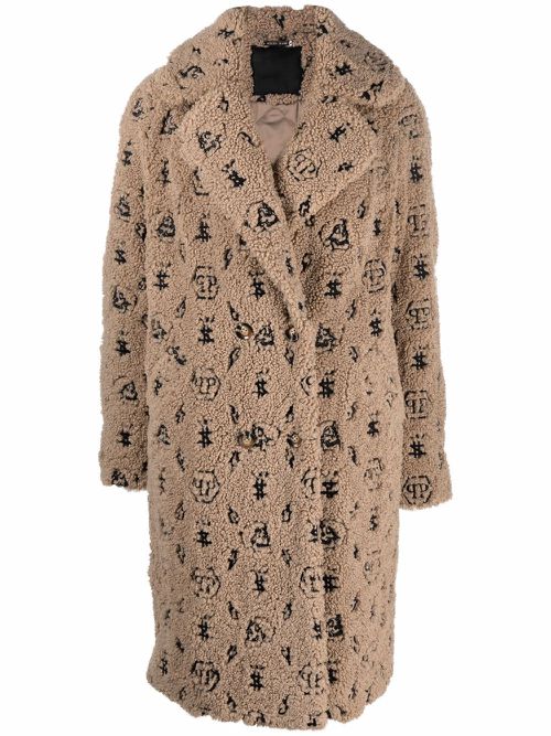 Embroidered monogram faux-shearling coat - Neutrals