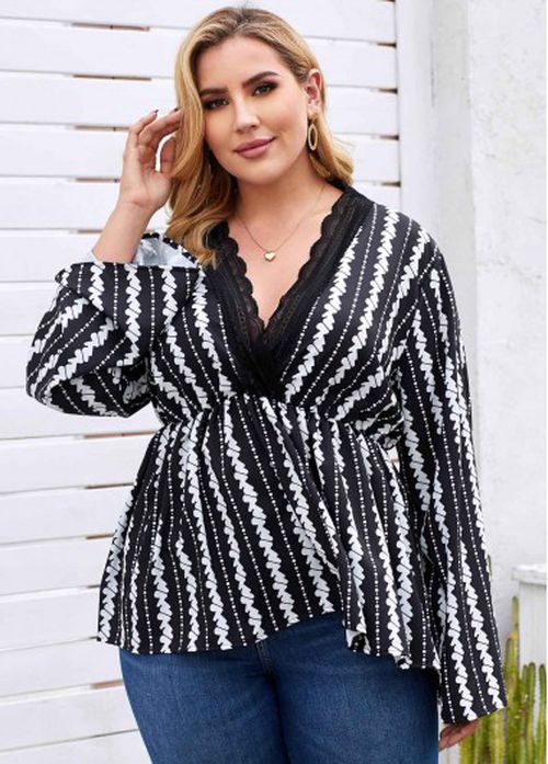 Modlily Plus Lace Trim Printed Blouse