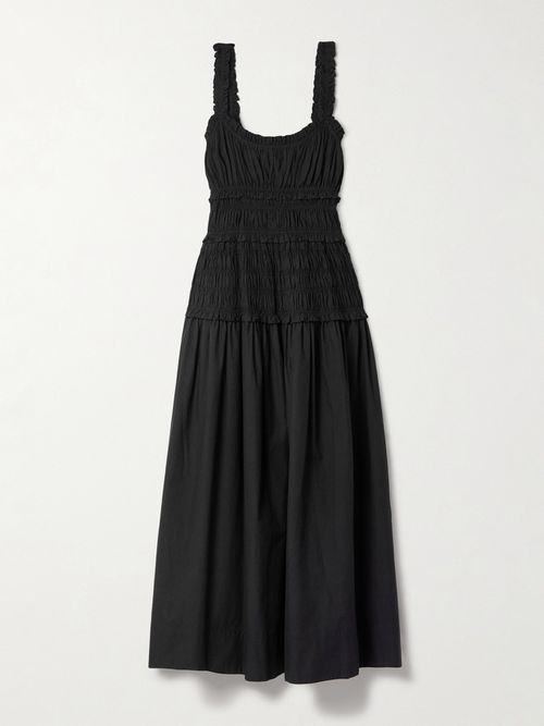 Marianne Shirred Organic Cotton-poplin Midi Dress - Black