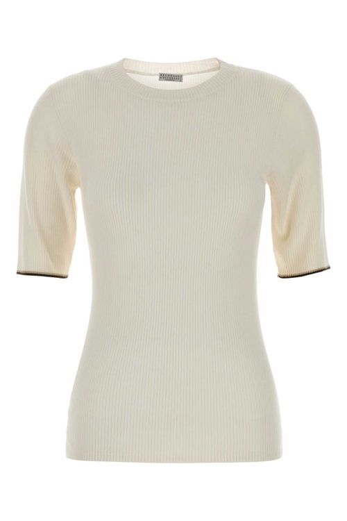 Cashmere Blend Ribbed T-Shirt — Beige