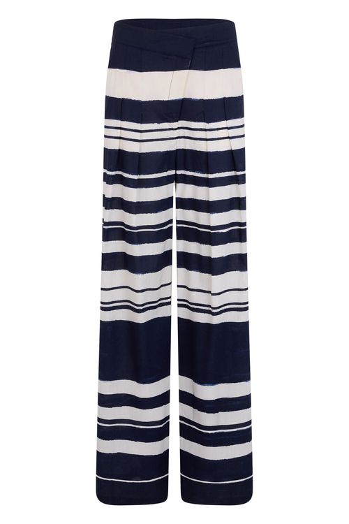 Printed Linen-Blend Wide-Leg Pants with Crossover Belt
