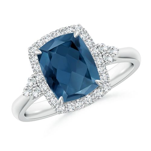 Angara 2.2 Carats Cushion London Blue Topaz Halo Ring with Trio Diamonds in Platinum