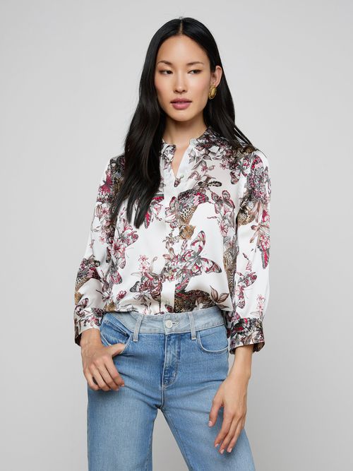 Dani Silk Blouse Top In White Multi Small Butterfly Jungle