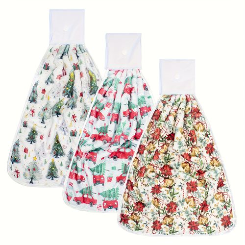 TEMU 3-pack Christmas Kitchen & Bath Hanging Towels With Hanging Loop - Soft Thick Absorbent Flannel Dishcloths, Snowman, Gingerbread, Flora