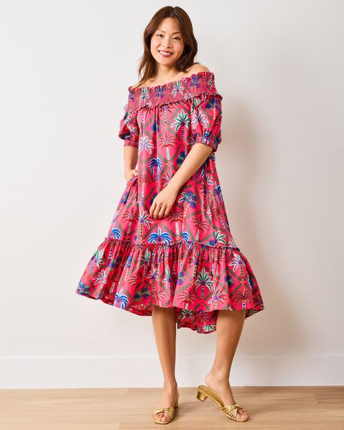 Organic Cotton Off-Shoulder Loose Fit Midi Dress in Palm Tree Paradise | Women's XS | Red