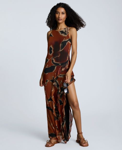 Women's Printed Ruffled High-Low Maxi Dress - Russet Multi