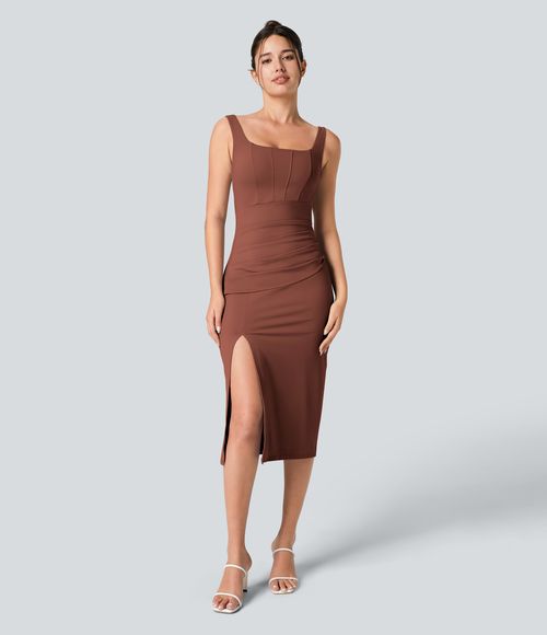 Softlyzero™ Airy Square Neck Backless Corset Ruched Split Bodycon Midi Cool Touch Bridesmaid and Wedding Guest Dress Casual Dress - Sequoia