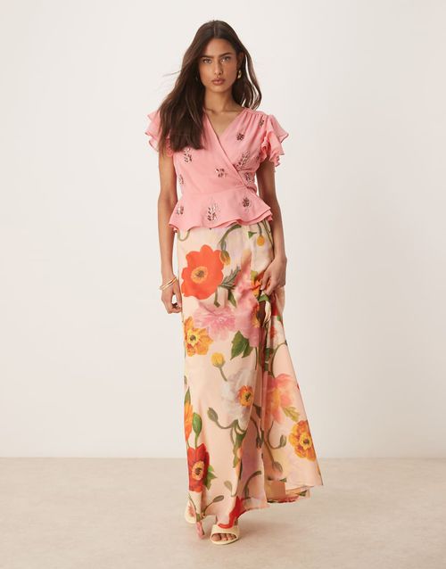 Hope & Ivy high waist thigh slit maxi skirt in pink multi - part of a set